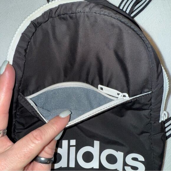 ADIDAS BLACK WHITE Mini Backpack ZIP TOP 2 Pocket quilted back - Picture 2 of 6
